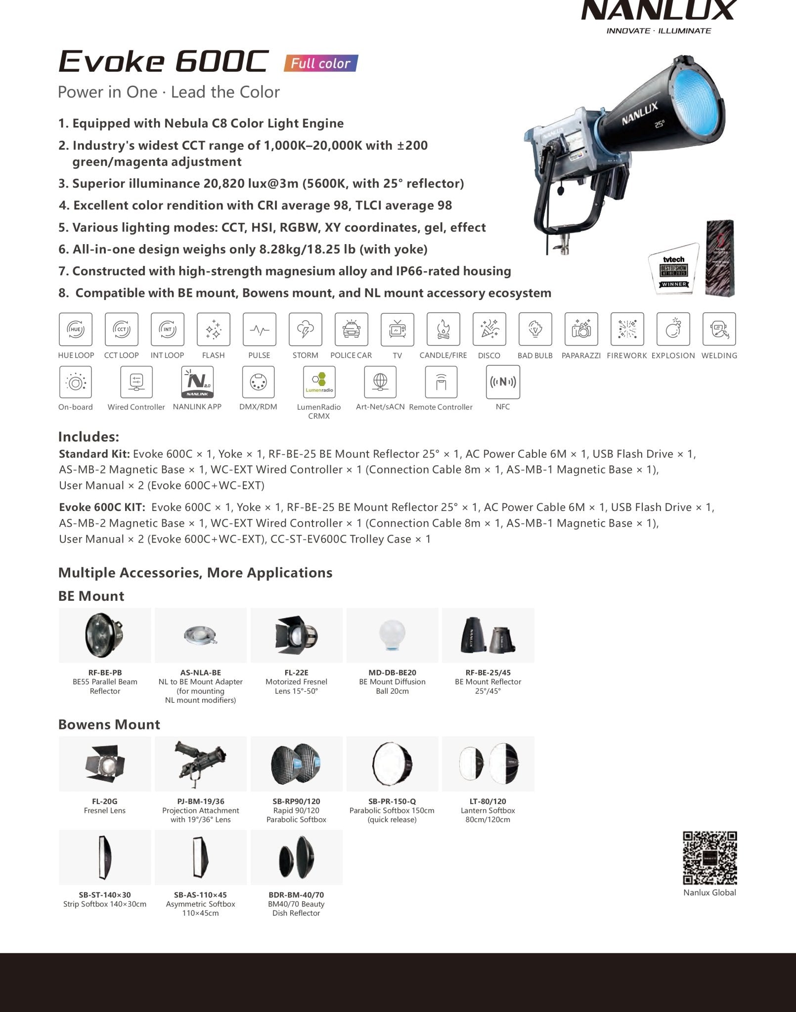 NANLUX Evoke 600C LED Full-color Spot Light with trolley case Light Fixture SHAPE wlb