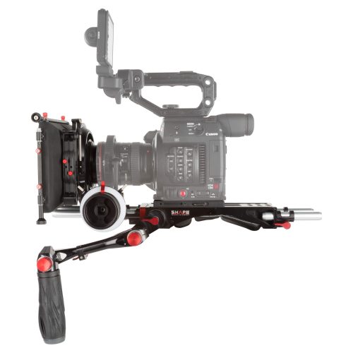 Schulter-Rig für die Canon C200 inklusive Baseplate, Matte Box, Follow Focus, Teleskopgriff und zwei Paar 15mm Rods