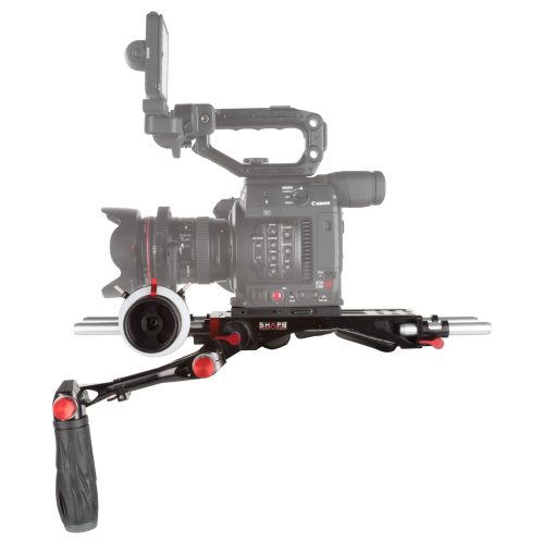 Schulter-Rig für die Canon C200 inklusive Baseplate, Follow Focus, Teleskopgriff und zwei Paar 15mm Rods
