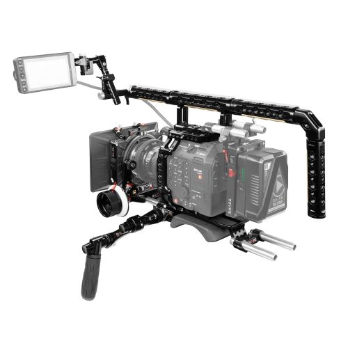 Canon C500 Mark II, C300 Mark III baseplate with cage, top handle long VF, 4×5.6 matte box, follow focus pro
