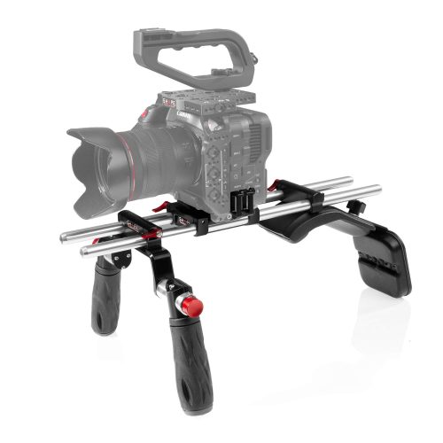 SHAPE Shoulder Mount Kit für Canon C70 mit 15 mm Base, Quick Handle Rod Bloc, Composite Mini-Schulterpolster, Rückenpolster und einem Paar 15 mm 18″ Rods